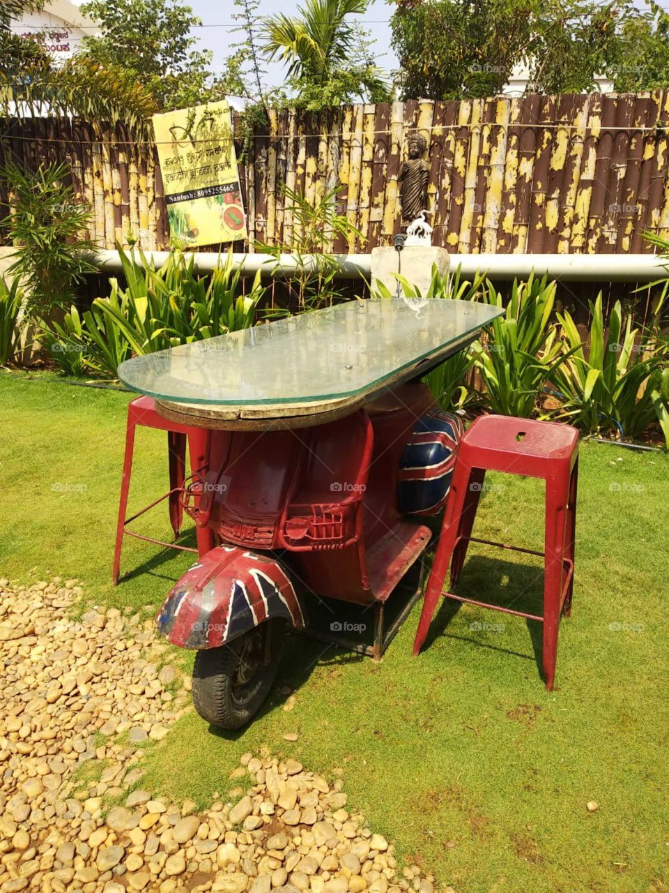 old scooter modified to serving table