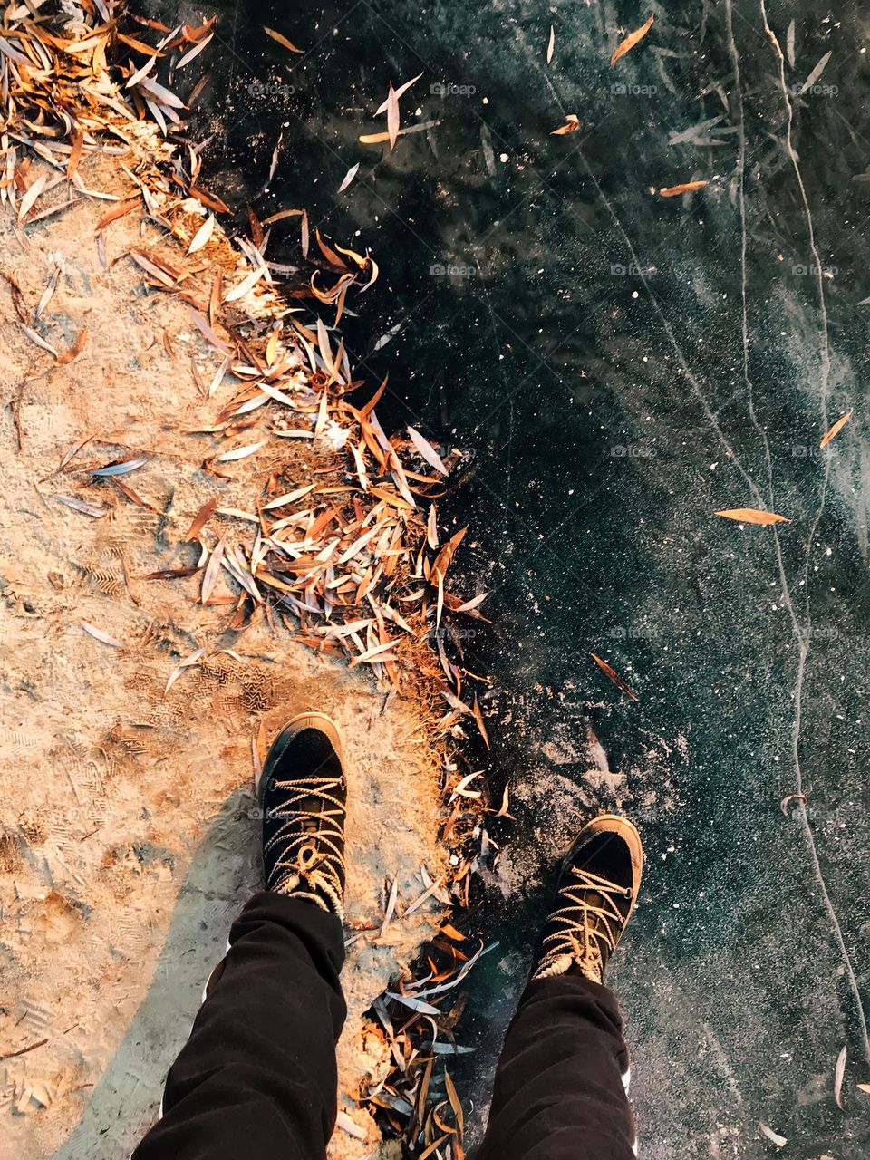Bright and colorful boost frozen lake riverside 