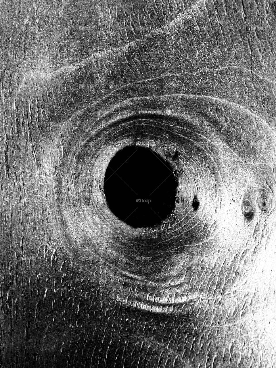 A knot on a wooden plank creates the illusion of a hole or tunnel in black and white.