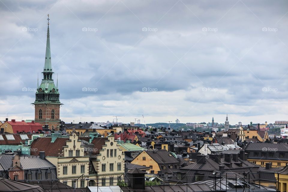 View of Stockholm from a rooftop on a cloudy day