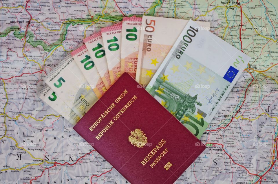 money, map, passport,  ready to travel