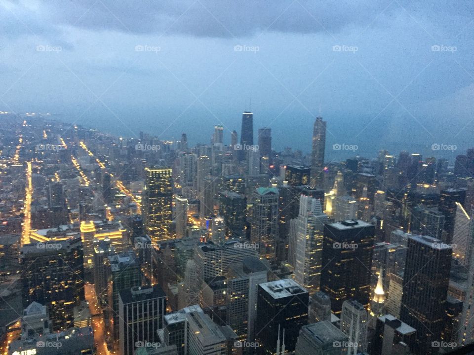 An ariel view of Chicago on a cloudy day, taken from the top of the Sky Deck in Willis tower. 