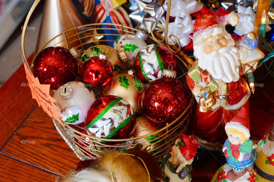 Festive Christmas decor on a table in a basket