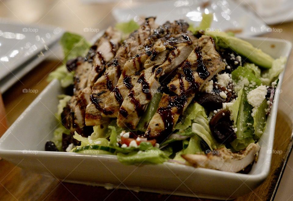 Mediterranean chicken with balsamic vinegar salad with all of the fixings 