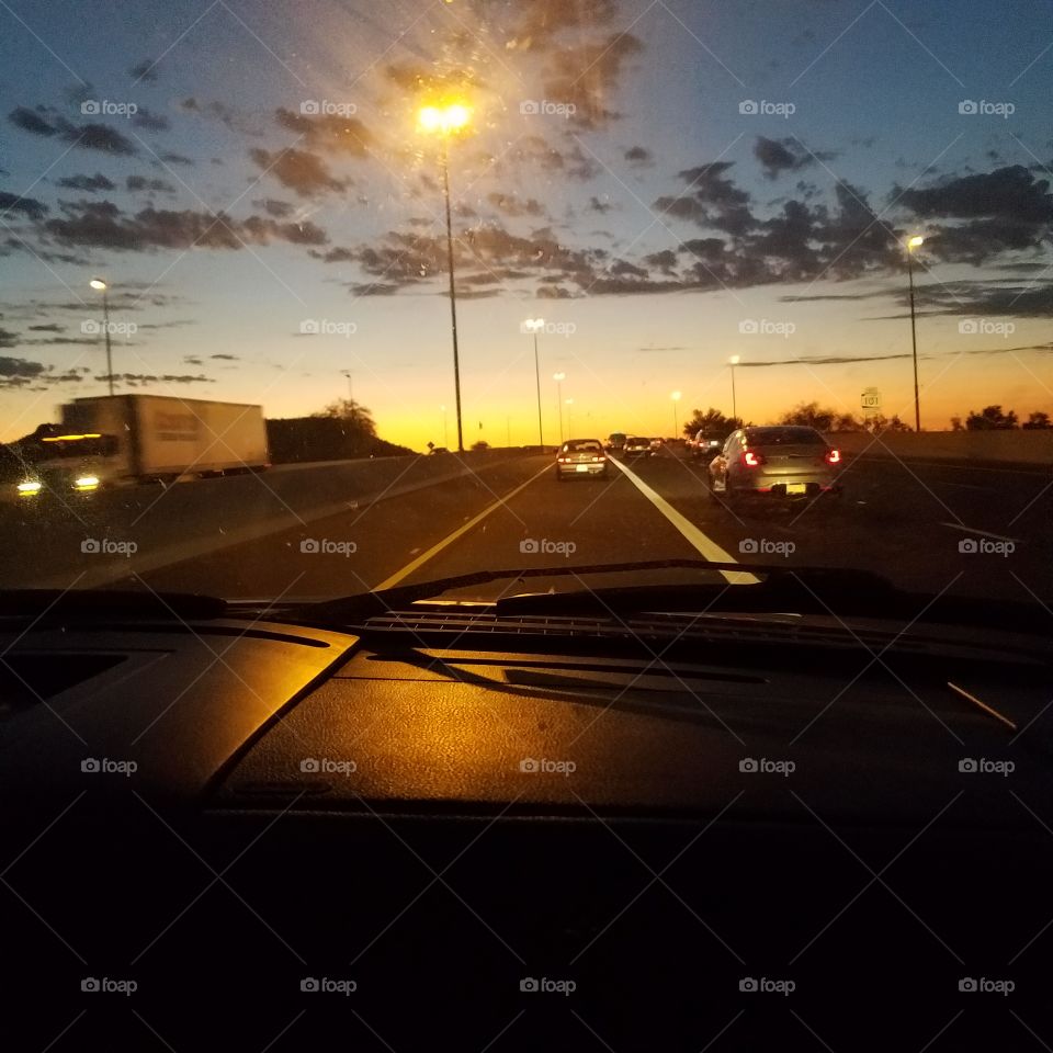 Sunset, Street, Car, Light, Road