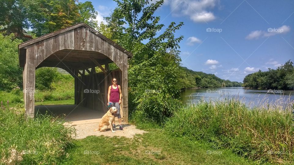 Covered Bridge and the grand River woman and her dog