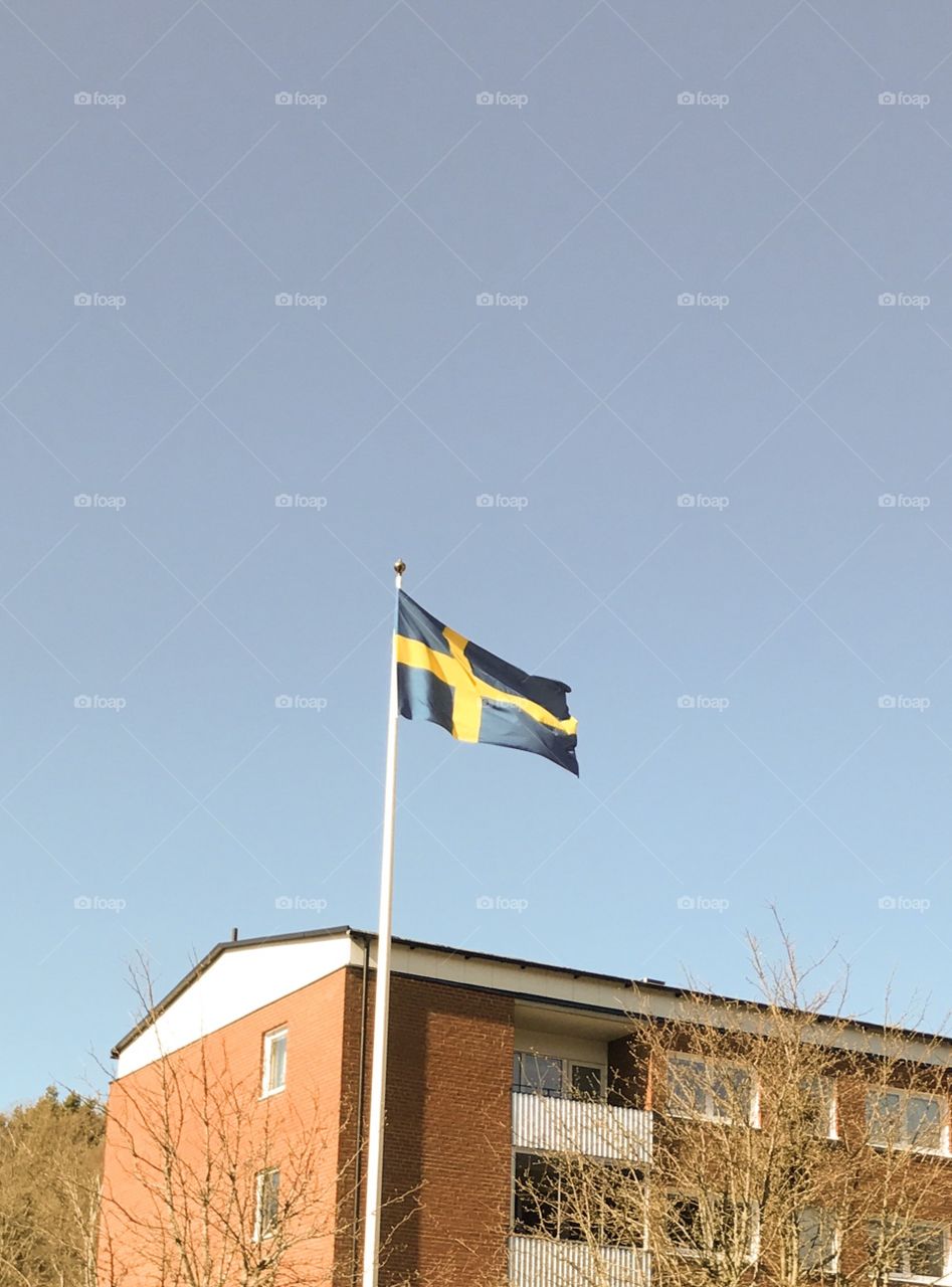 A flag in front of a house.