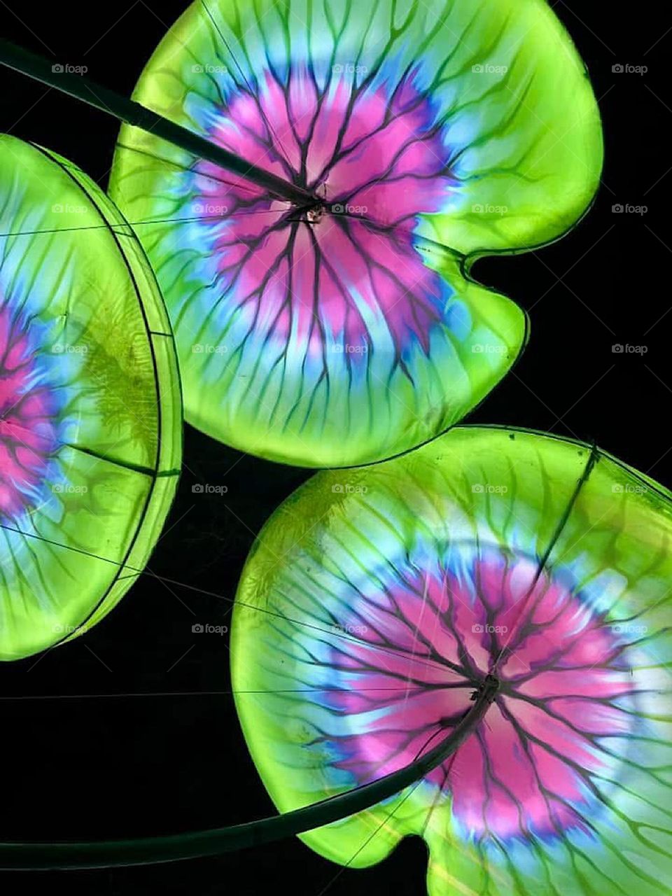 Illuminated green and purple lily pad Asian lantern art