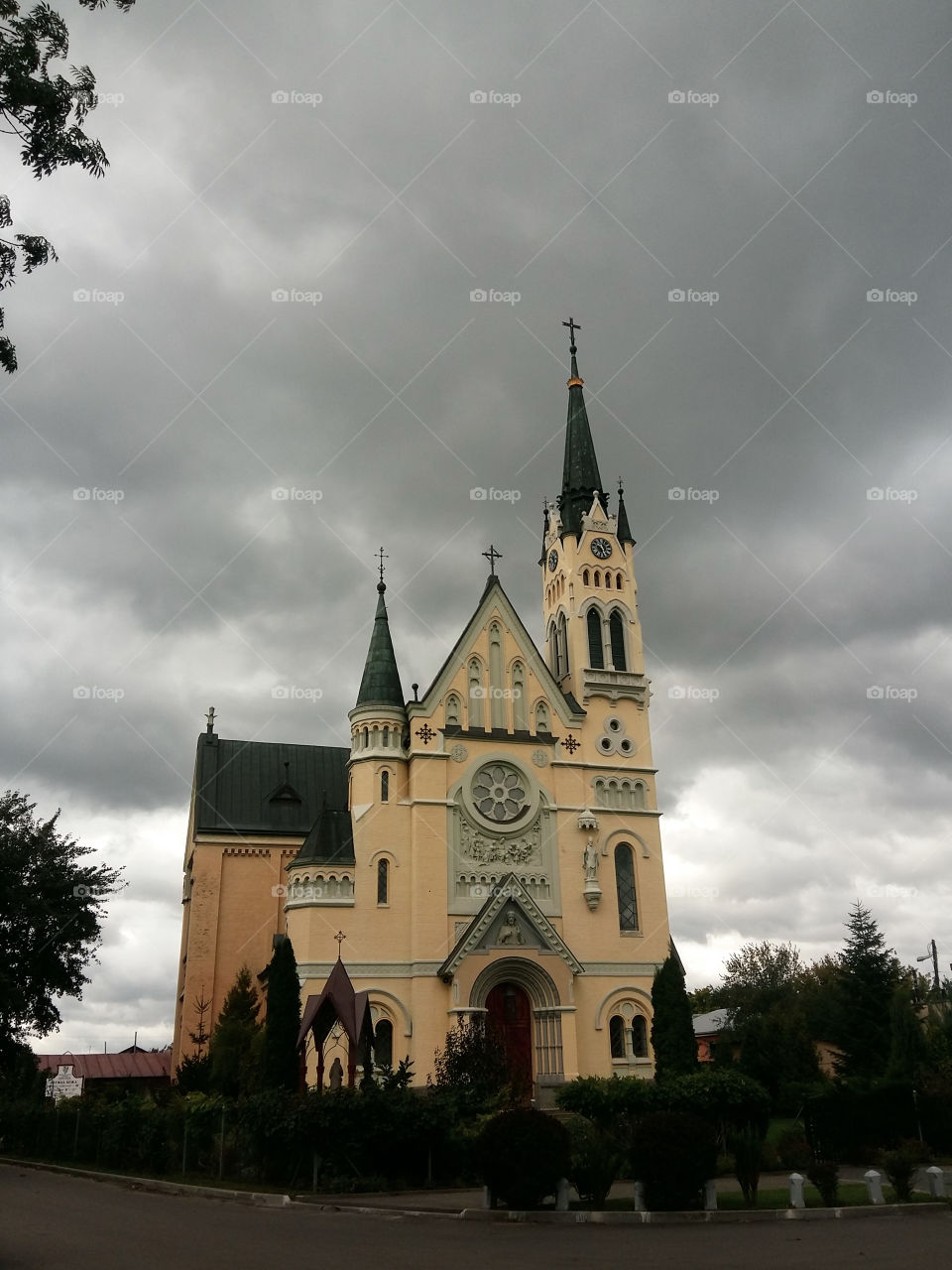 catholic gothic church in autumn