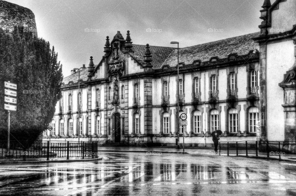 Spanish autumn day. Spanish architecture and rain