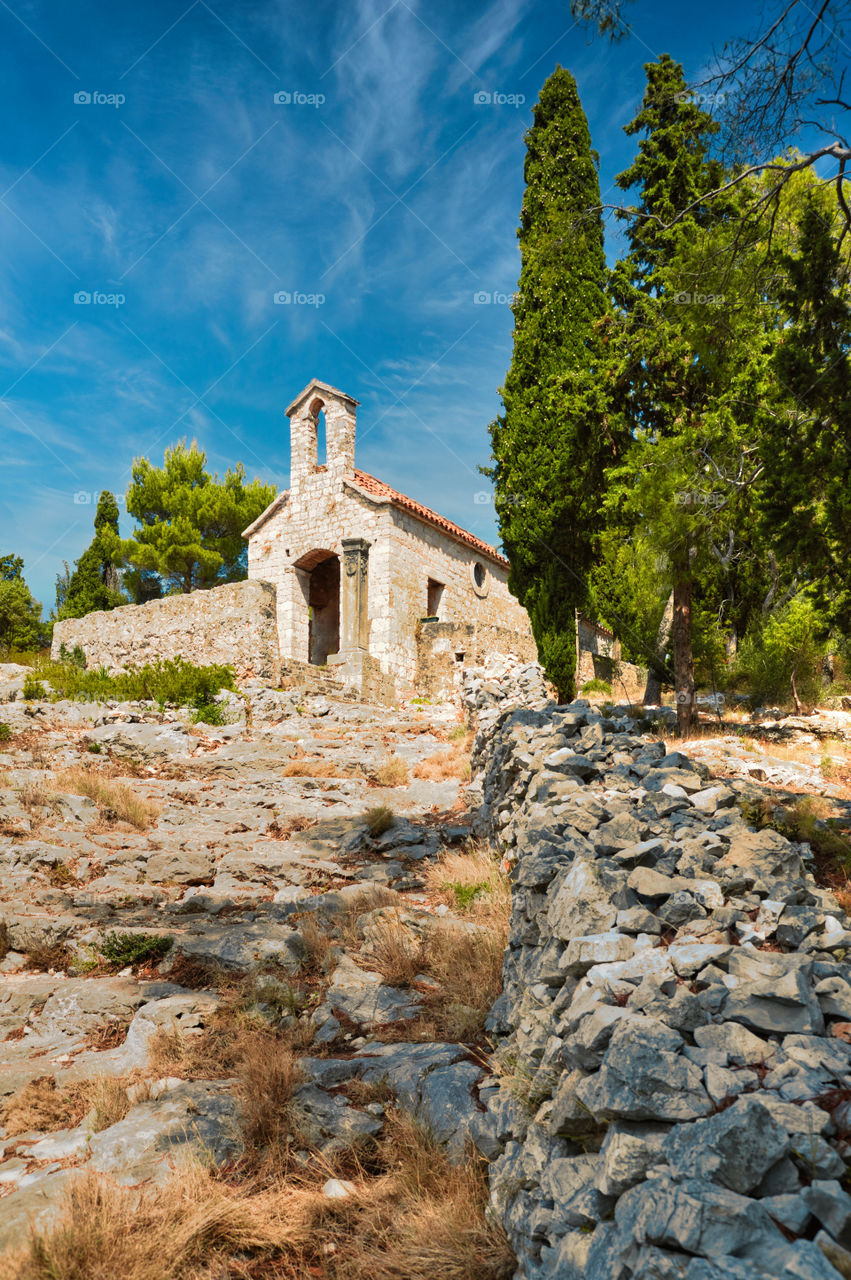 Crkva Gospe od Kruvenice. The Church of Our Lady at Kruvenice. Island of Hvar. Croatia.