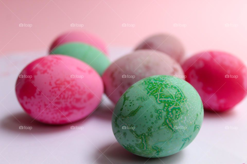 Close up of Easter colorful eggs on the table