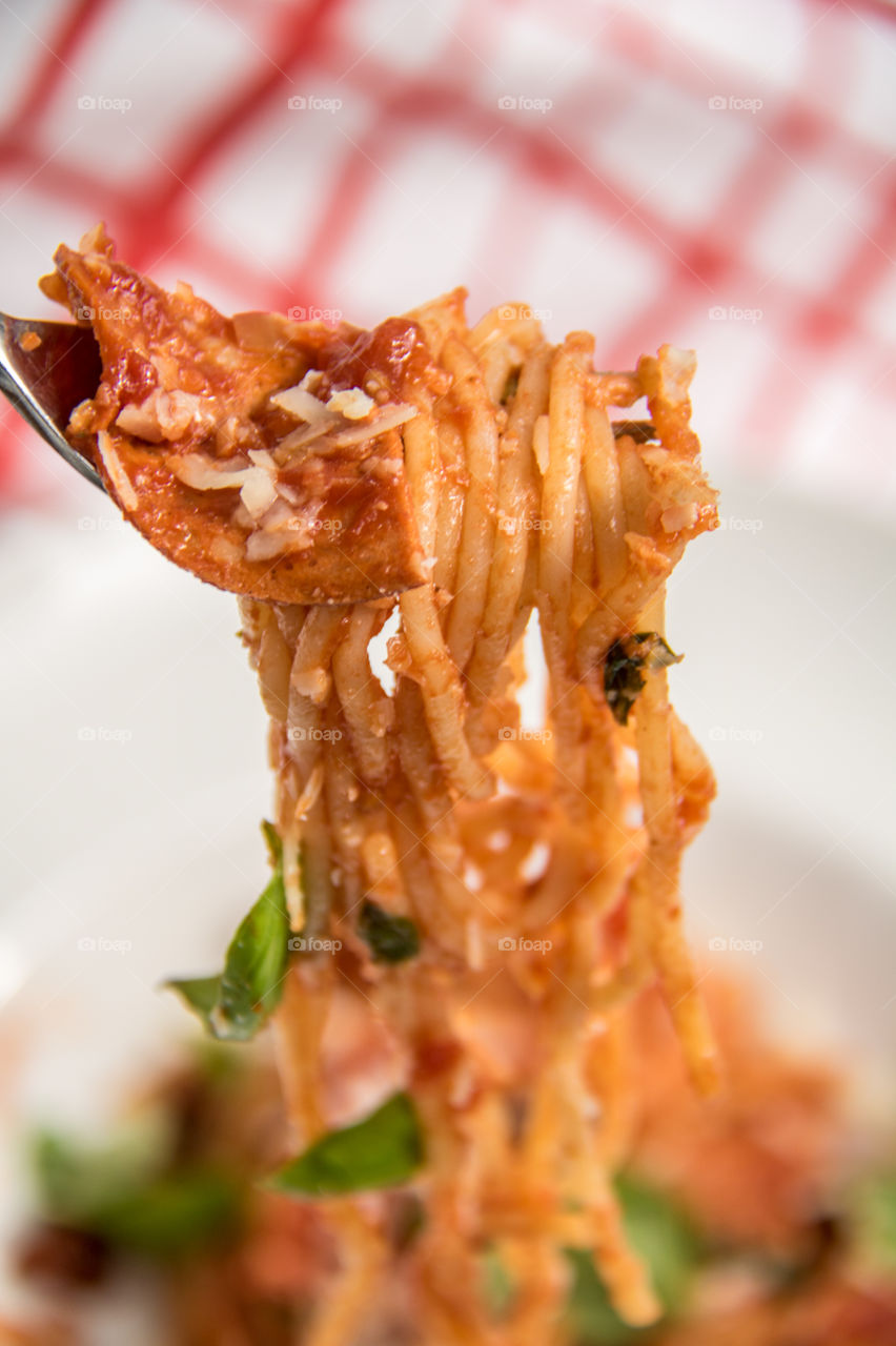 Close-up of spaghetti with fork