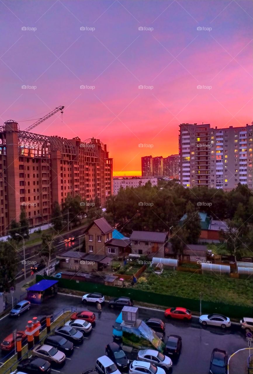 Pink sunset in the city