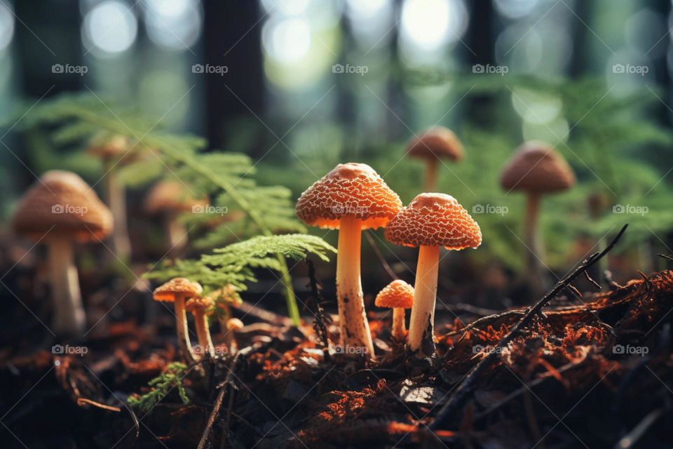 Wild mushrooms growing on a forest floor