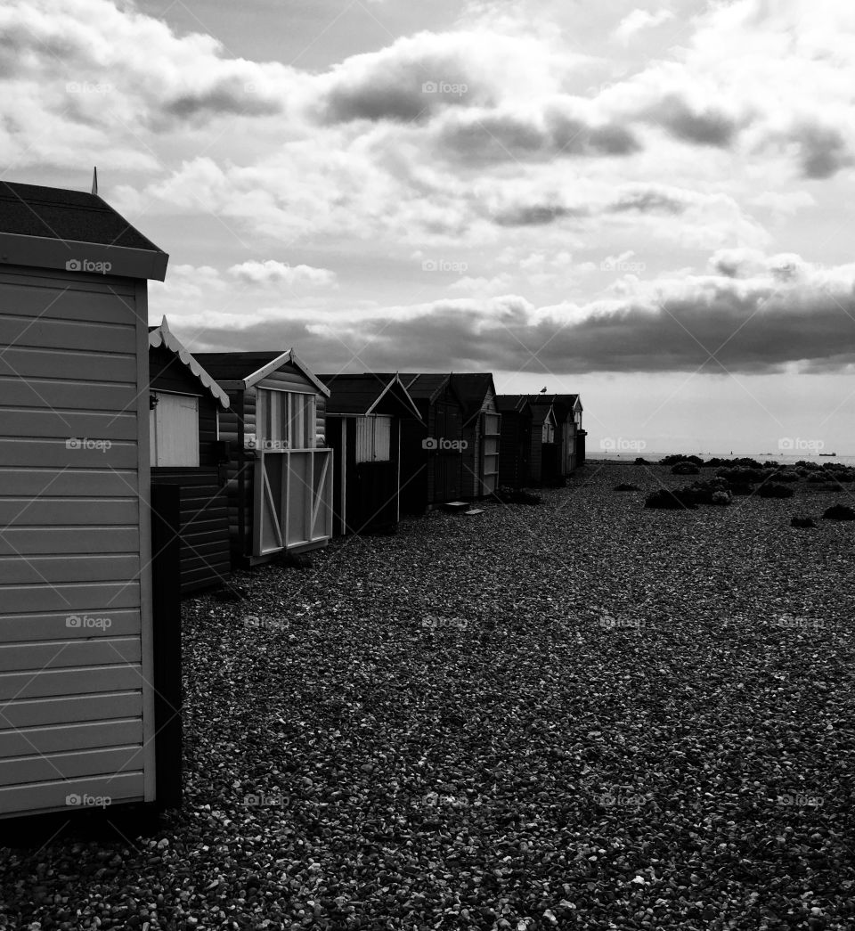 Beach huts black and white seaside