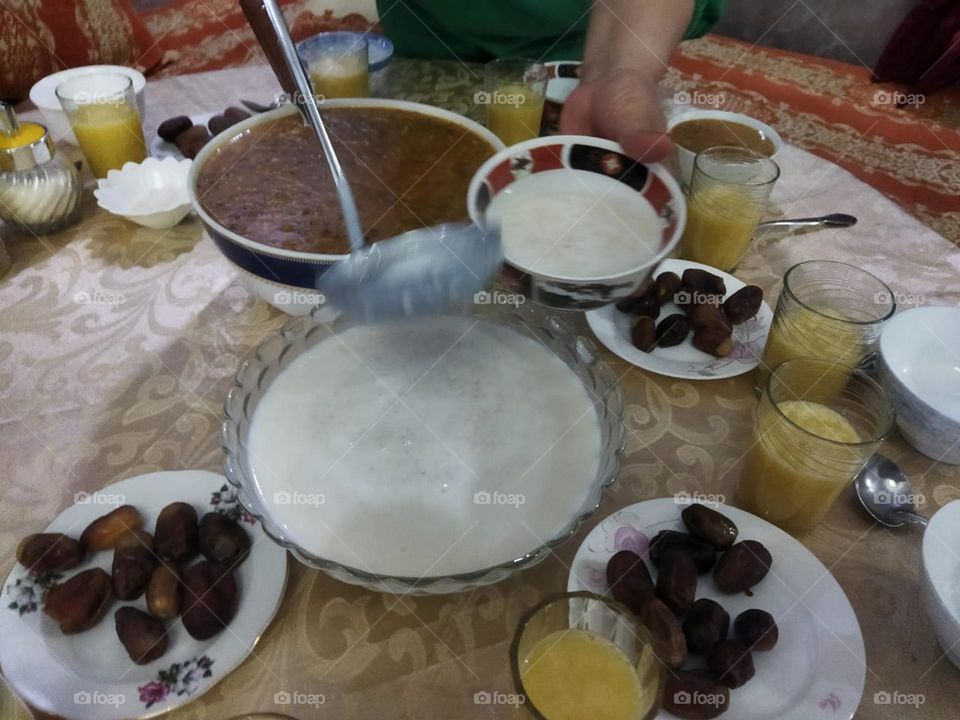 Moroccan table in Ramadan month:  Soup. Date and eggs.