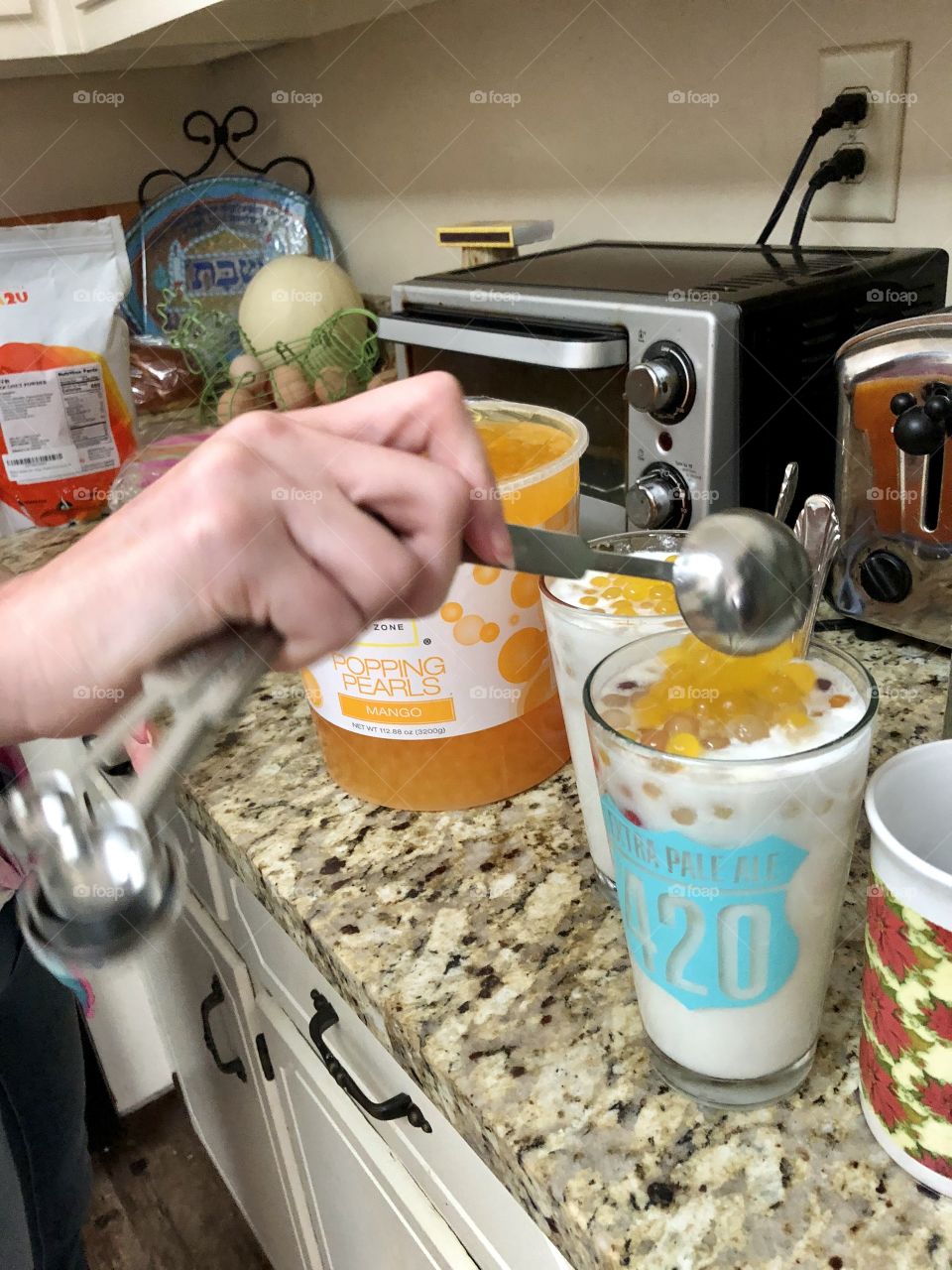 *happy sigh* Homemade bubble tea, coconut with both chewy colorful tapioca pearls and popping mango juice filled boba pearls- 