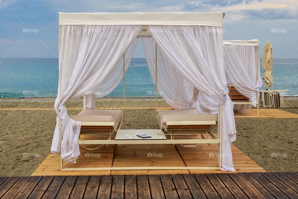 Beach resort bed shelter in Greece resort, Europe