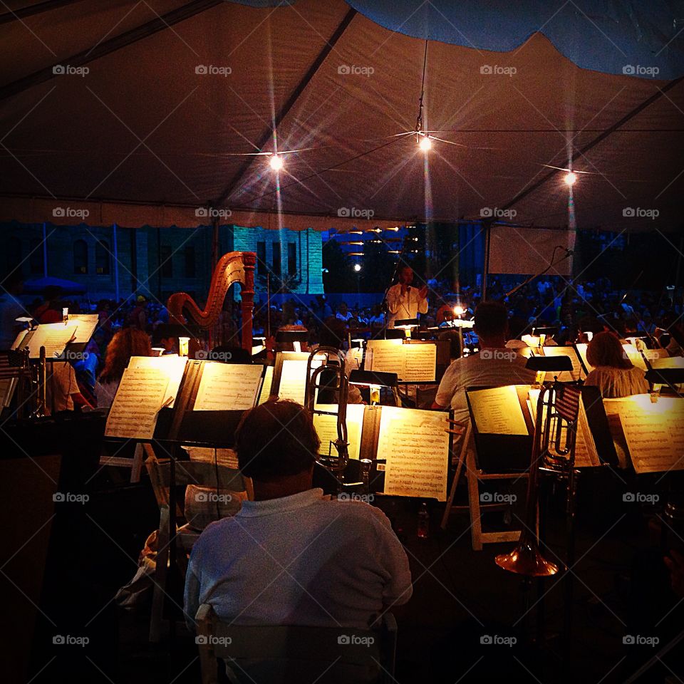 Nighttime orchestra from behind. 