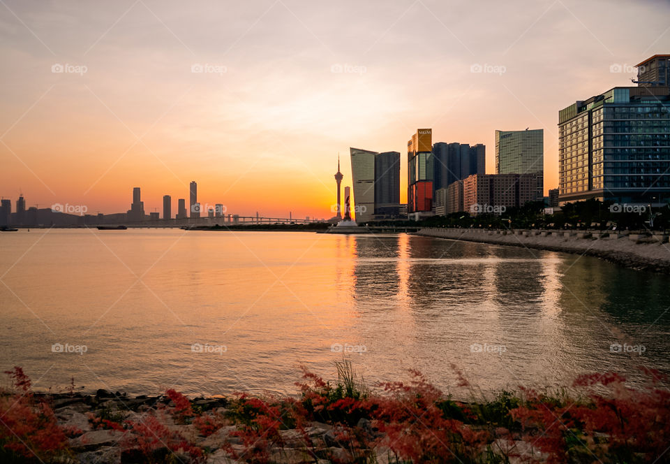 Sunset fall color behind the city proper