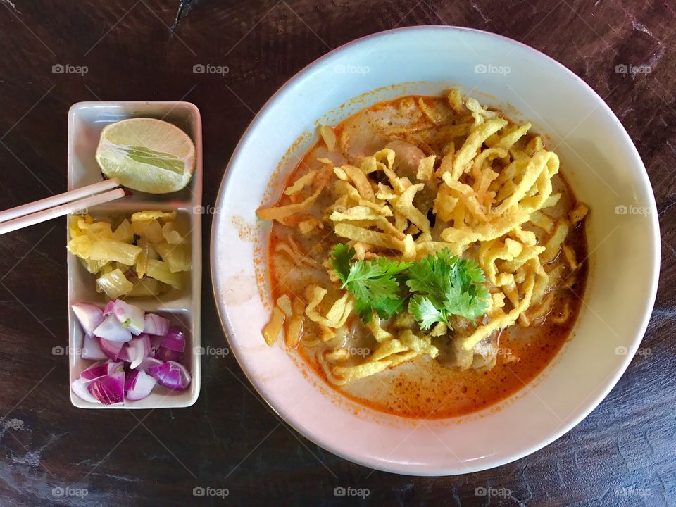 Khao Soy, local noodle with coconut milk soup from northern Thailand
