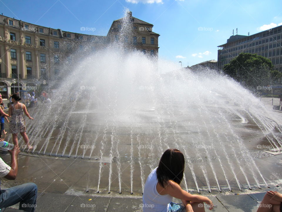 Fountain, City, Water, Street, People