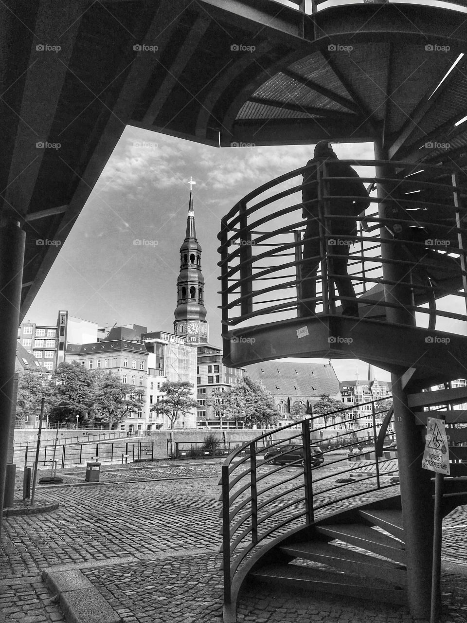 Hamburg view of the Church of St. Catherine.Speicherstadt.Black and white 