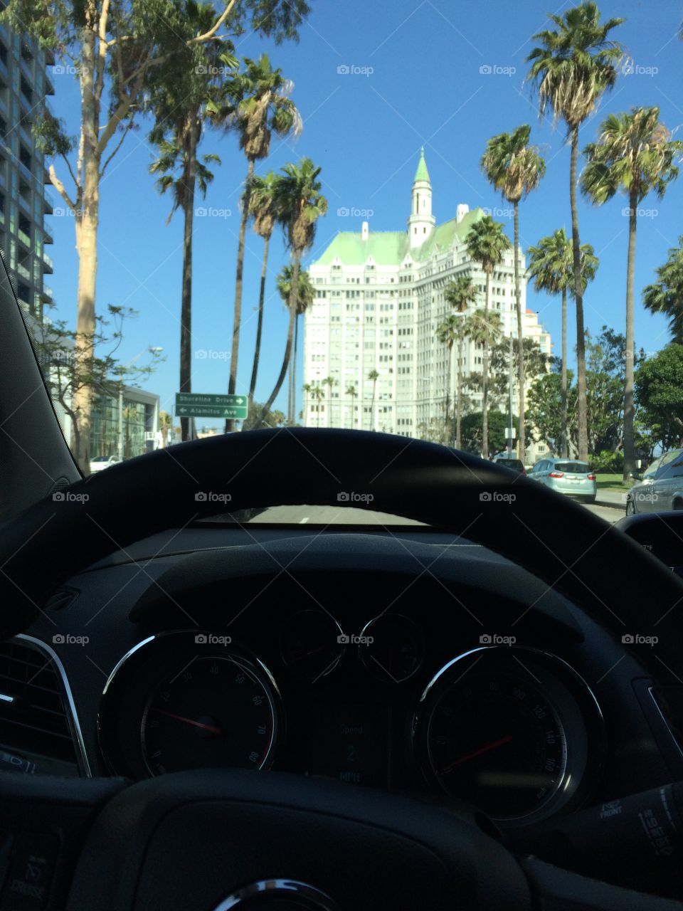 Point of view while driving in downtown Long Beach