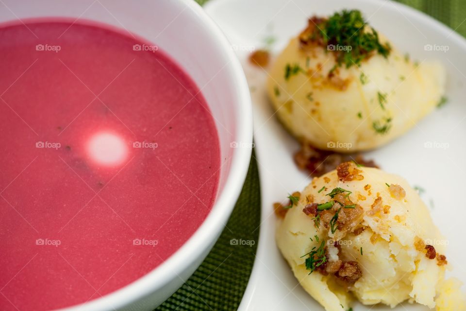 Borscht with Egg, potatoes and greaves