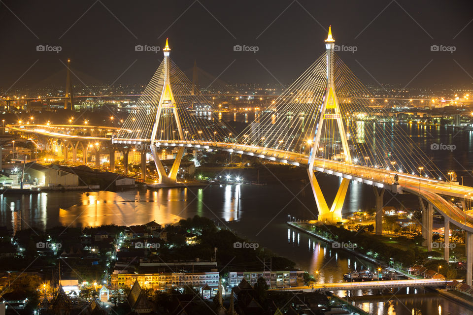 King rama 9 highway bridge at night in Bangkok Thailand 