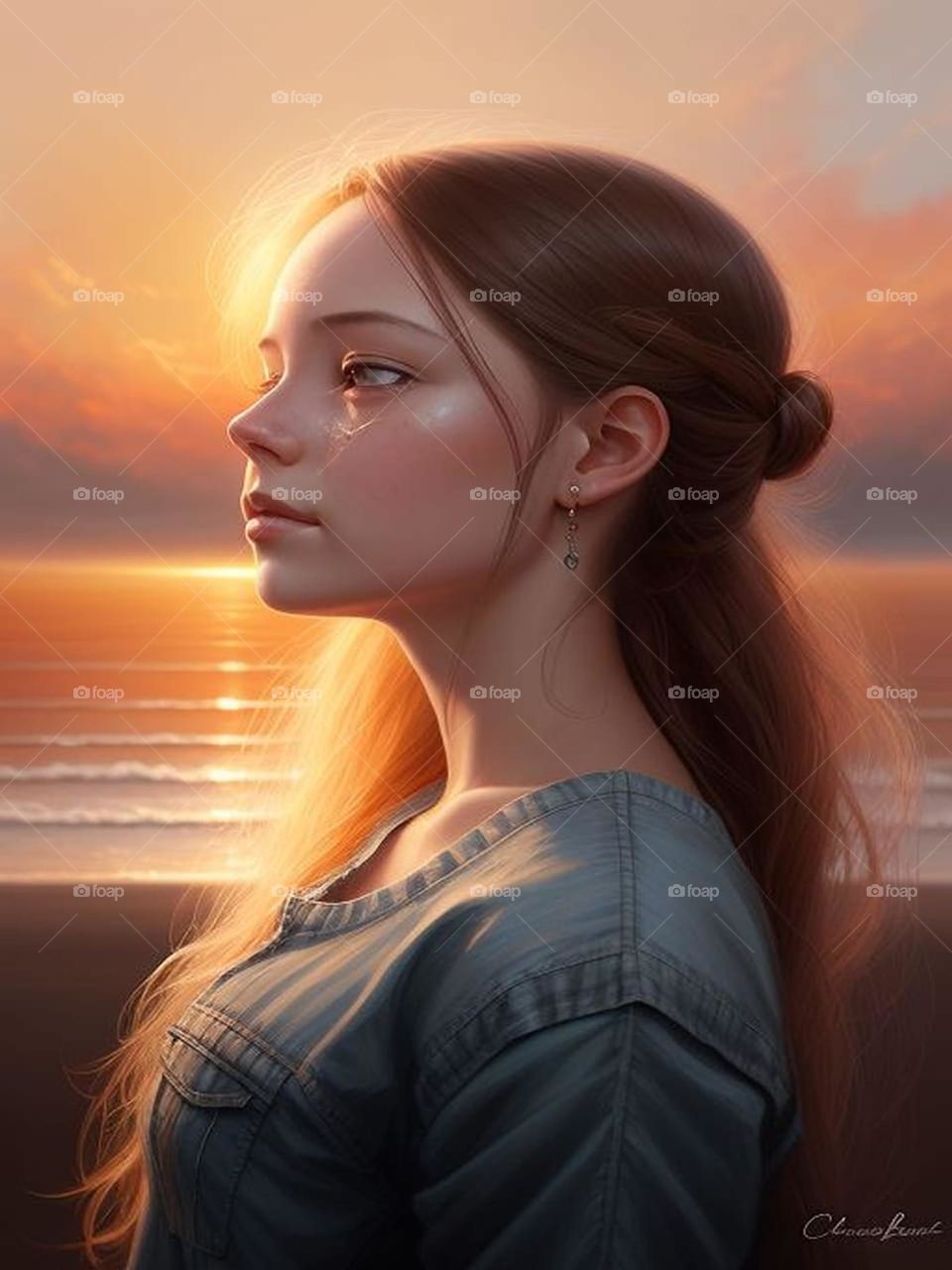 Sad beautiful girl with sunset view