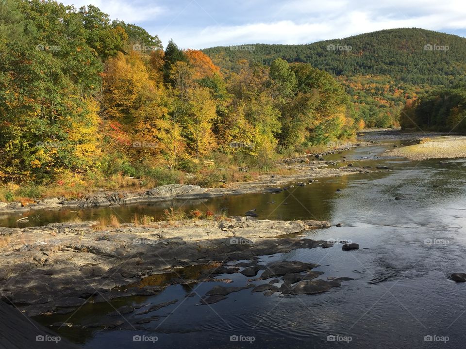 Fall colors on display surrounding mountain stream in Vermont. 