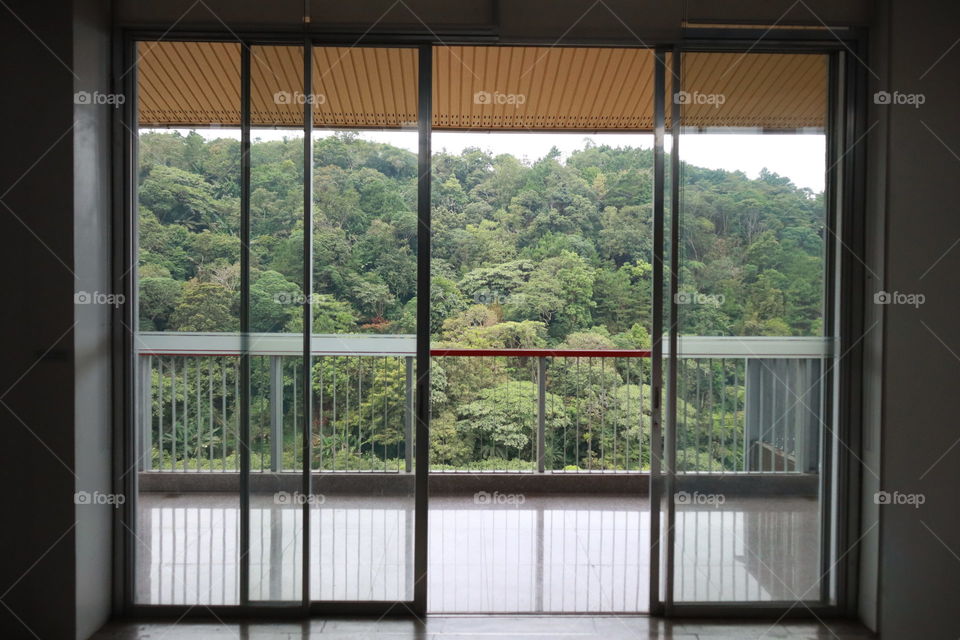 window, mountain, trees