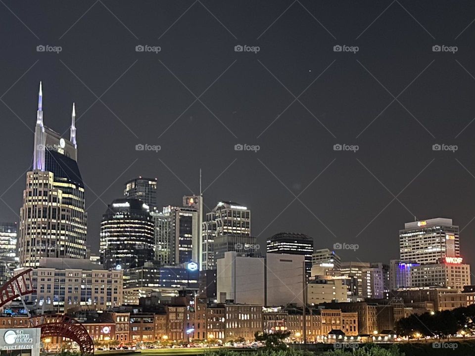 Nashville city night skyline batman building AT&T tower bell construction landmark music city