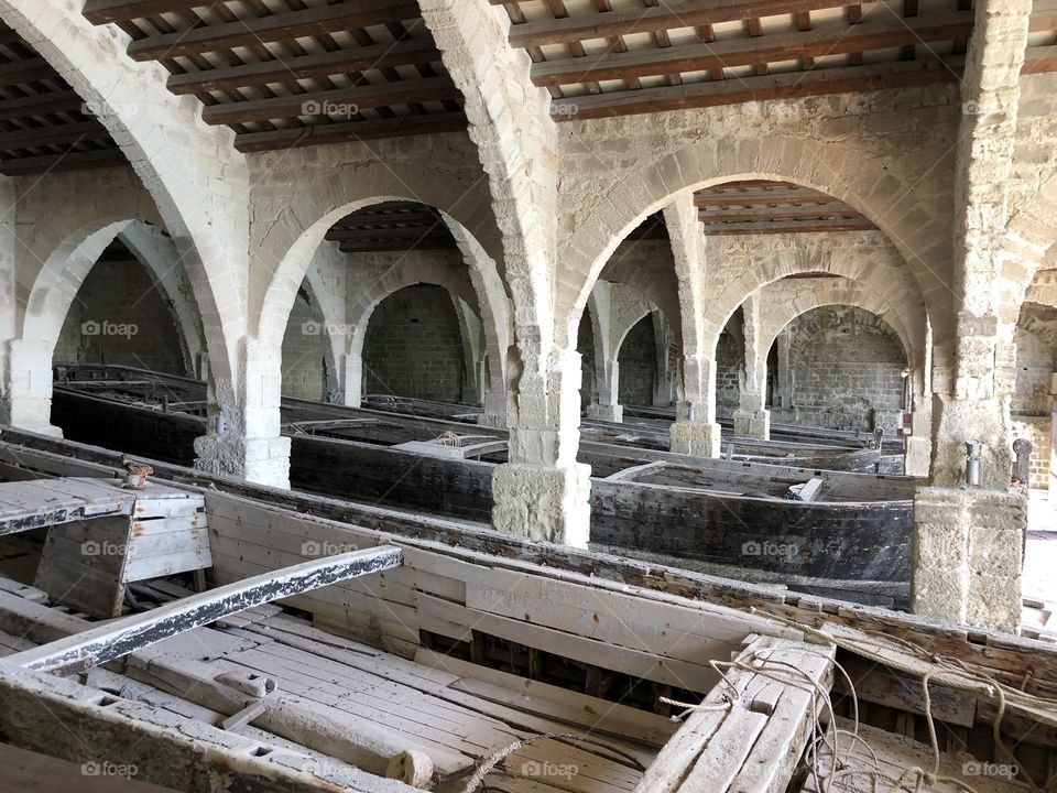 Old tuna boats in Favignana tuna packing facility 