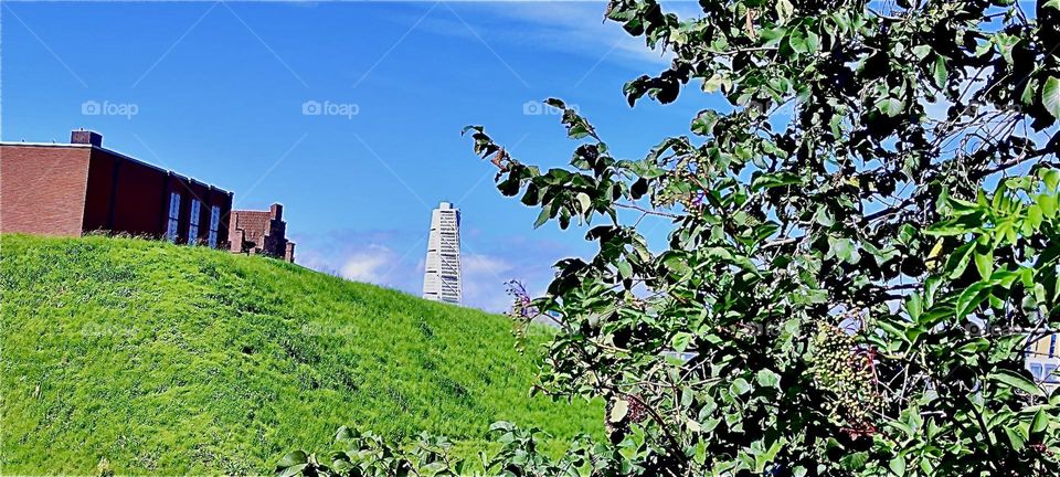 This grassy knoll is located in the city of „Malmö“, Sweden“ by the „Baltic Sea“. A marvel of modern art, the „Turning Torso“, a monumental high rise that appears to twist around its own middle can be seen in the distance. 2023. Hypnotic Productions