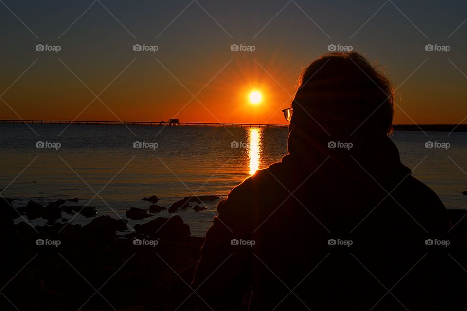 Sunset in south Australia. Man enjoying Sunset in south Australia, at Point Lowley