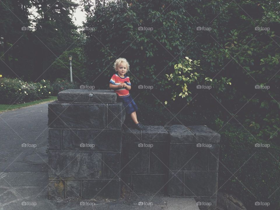 Little Boy Standing on Rock Wall