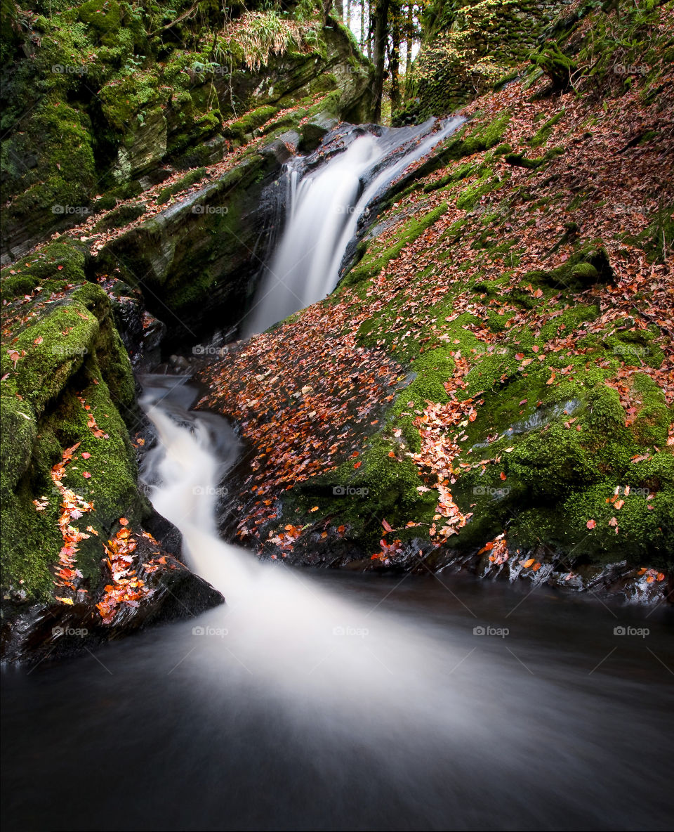 Secluded waterfall on the Hafod Estate in Ceredigion, Wales.