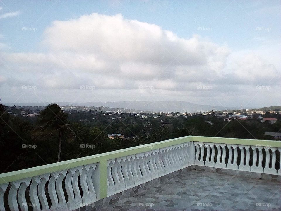 great view from balcony in Jamaica, it's a sunny, windy day.