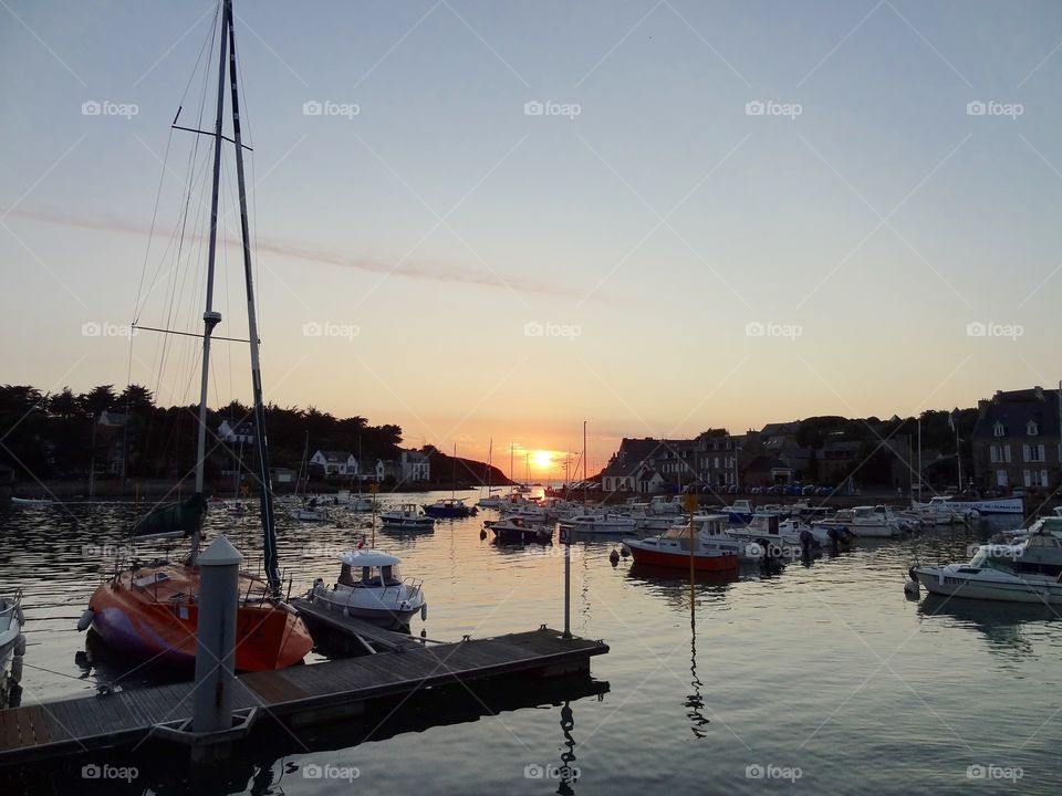 Harbour Sunset. This harbour scene is at the pretty harbour of Dahouet in Brittany