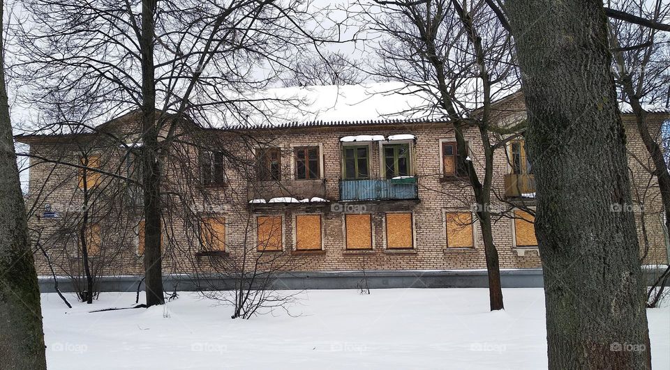 old house windows street view geometric shapes