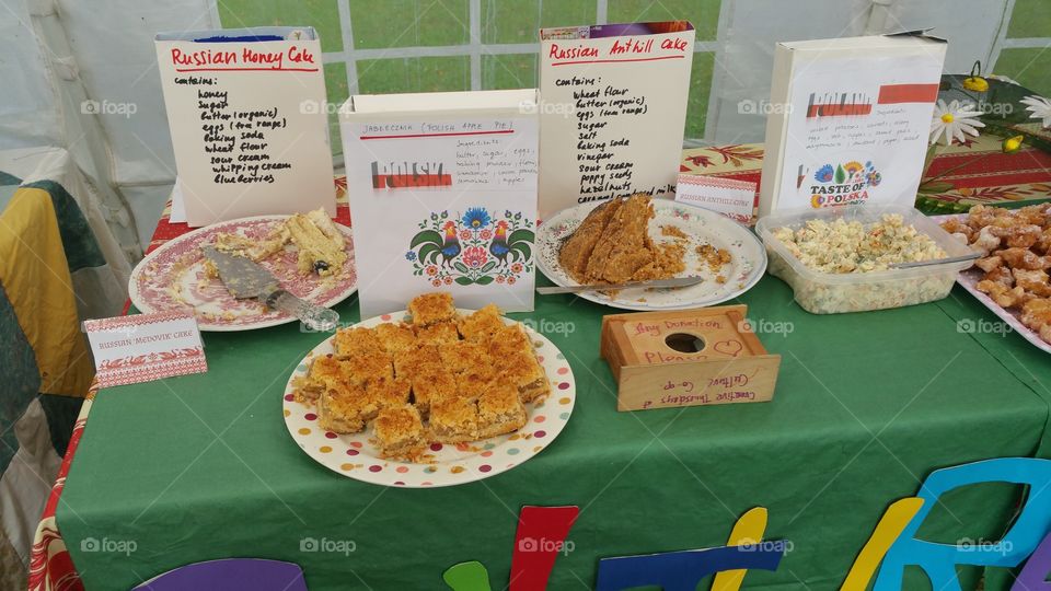 Cake and salads stall at a food festival