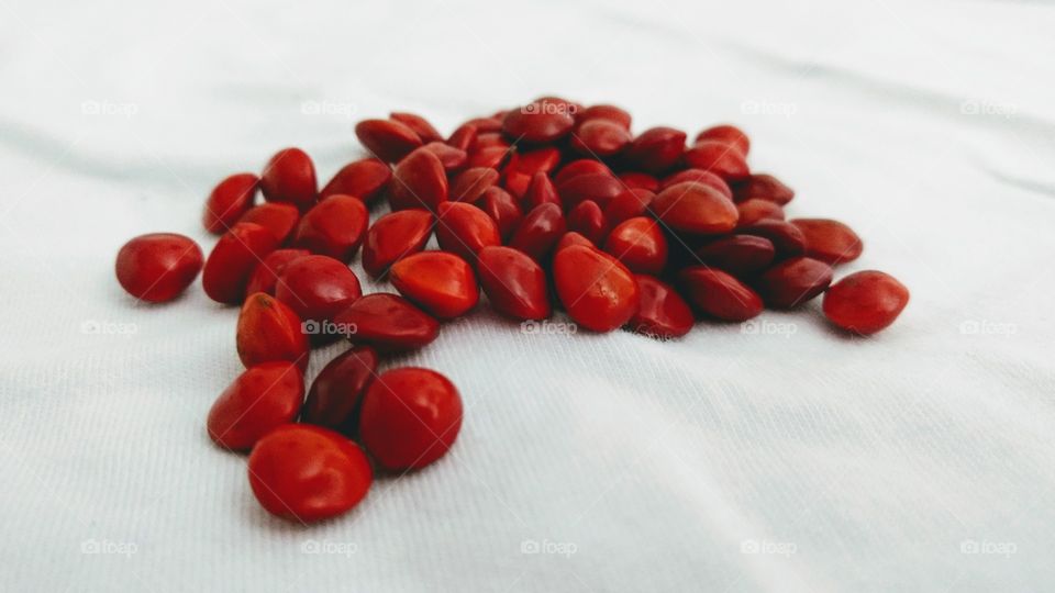 Red seeds on white cloth