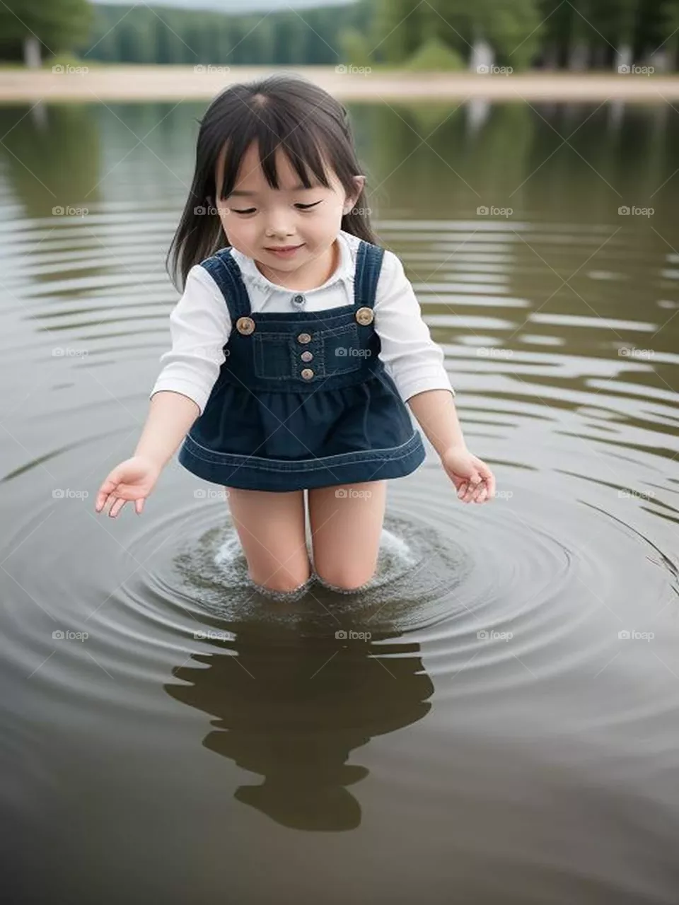 Cute little girl playing in the river