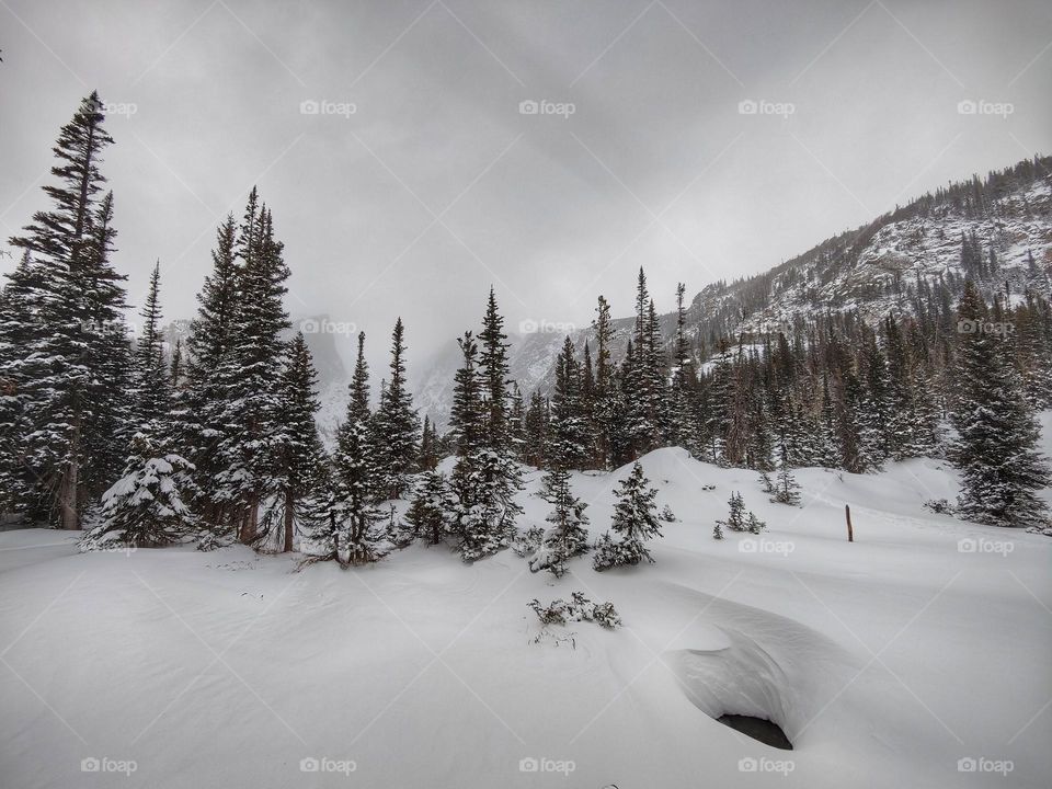 Snow hiking in Estes Park Colorado during winter time