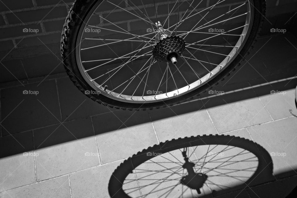 Bike wheel and its shadow in black and white 