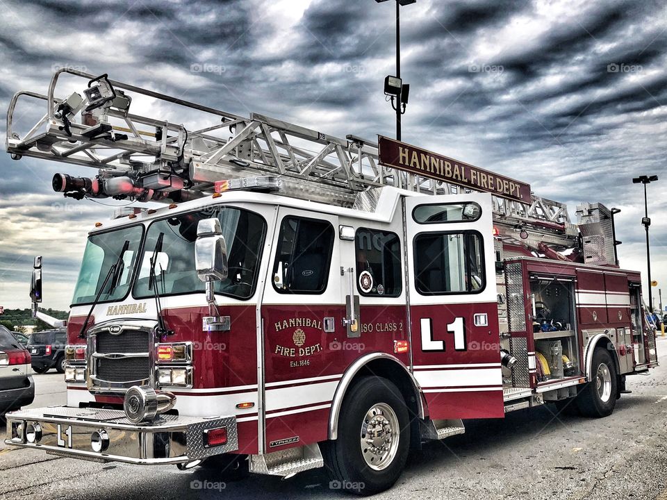 Fire truck and moody sky. 