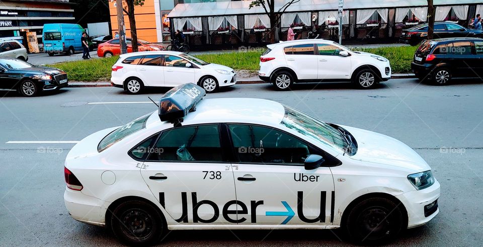 Uber car on Zvezdnaya street in St. Petersburg, Russia.